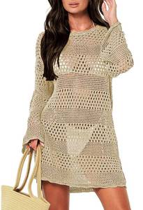 lot 3422 image: Pink Queen Crochet Cover Ups for Women Hollow Out Swimsuit Bathing Suit Bikini Coverup Knit Mesh Beach Dress Beige S