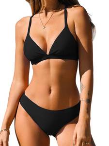 lot 3426 image: CUPSHE Bikini Set for Women Two Piece Swimsuits V Neck Low Rise Crisscross Back Self Tie Spaghetti Straps,XL Black TOP IS DIFFERENT THAN STOCK