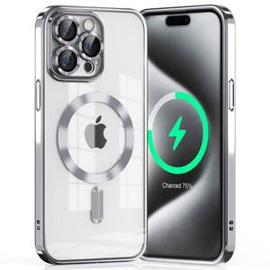 lot 3471 image: QVLANG Compatible for iPhone 15 Pro Max Case Magnetic Clear Case Compatible with MagSafe Full Camera Lens Protection Luxury Shiny Cover for Women Girls Men Phone Case (6.7) - Silver
