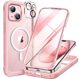 lot 3477 image: Miracase Glass Series for iPhone 15 Case Compatible with MagSafe Full-Body Magnetic Case with Built-in 9H Tempered Glass Anti-Fingerprint Screen Protector  Camera Lens Protector, Pink and Clear
