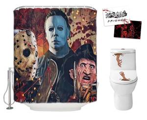 lot 3486 image: Halloween Shower Curtain Set for Bathroom- Scary Killer Freddy Jason Michael, Horror Movie Themed Holiday Polyester Fabric Decoration with Hooks and Toilet Stickers, Christmas Party Decor 72x72