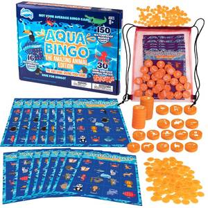 lot 3502 image: Pool Bingo Diving Game for Kids- Summer Party Fun Edition- Dive for & Call 30 Sinking Animal Themed Numbers, Fill Your Card to Win- w 150 Marker Chips, 16 Double Sided Waterproof Play Cards & Bag