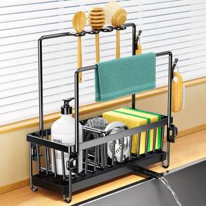lot 3506 image: PKBD Kitchen Sink Caddy, Rustproof 304 Stainless Steel Sponge Holder for Kitchen Sink with Removable Drain Tray, Towel Holder and Brush Drainer Rack, Kitchen Organiser for Sink Tidy, Black