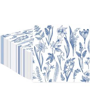 lot 3507 image: 100 PCS Blue Floral Paper Napkins Blue Flower Cocktail Napkins 3 Ply Disposable Blue White Dessert Napkins Decorative Dinner Hand Napkins for Bridal Baby Shower Weeding Birthday Party Supplies