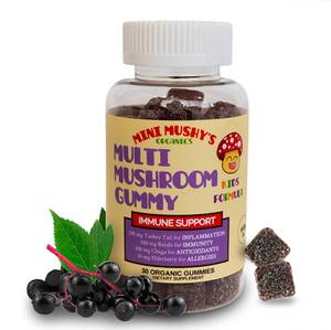 lot 3540 image: Mini Mushys Organic Immune Support Daily Gummies  Turkey Tail, Reishi, Chaga Mushrooms, Elderberry  for Kids Ages 2 Natural Color, Allergy Friendly, Low Sugar  Strawberry Flavor - 30 Count