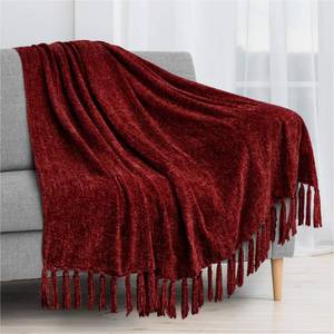 lot 3545 image: PAVILIA Burgundy Red Throw Blanket for Couch, Soft Wine Dark Maroon Red Knit Blanket with Tassel Fringe, Woven Chenille Knitted Decorative Blanket for Sofa Bed Living Room, Decor Gift, 50x60