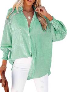 lot 3558 image: Womens Smocked Cuffed Striped Boyfriend Shirt with Pocket Casual Collar Long Sleeve Blouse Tops for Pocket Shirred Green Small