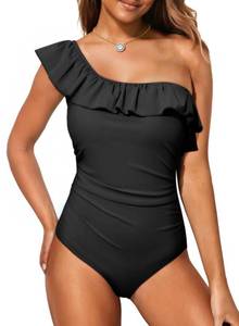 lot 3568 image: Dokotoo Ladies Cold Shoulder One-Piece Swimsuit One Shoulder 2024 Asymmetric Ruched Ruffle Sleeve Cute Monokinis Tummy Control Plus Size Swimwear,Black XX-Large