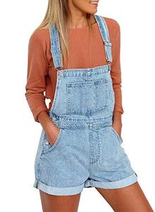 lot 3573 image: luvamia Womens Casual Adjustable Straps Cuffed Hem Denim Bib Overalls Shorts Romper Wategos Blue Overall Shorts Size X-Large