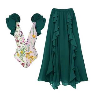 lot 3575 image: IDOPIP Womens One Piece Swimsuit with Cover up Beach Skirt Floral Printed Swimsuit Bathing Suit Ruffle V-neck Monokini Swimwear Sarong Coverups Two Piece Bikini Set Beachwear Green Floral 2PCS M