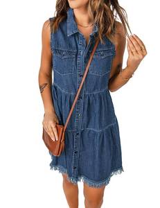 lot 3578 image: luvamia Womens Turn Down Collar Denim Dress Button Down Frayed Hem Jean Dress Deep Cobalt Blue Size Small fits Size 4 - Size 6