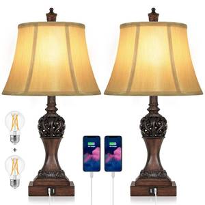 lot 3580 image: Set of 2 Touch Control 3-Way Dimmable Table Lamps with 2 USB Charging Ports Traditional Bedside Lamps with Bell Shape Faux Silk Shade & Brown Base for Bedroom Nightstand Living Room LED Bulbs Included - Retail $87.82