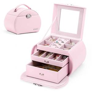 lot 3584 image: Homde Girls Jewelry Box Pink Storage Case Organizer Faux Leather with Mirror (Light Pink  Silver)
