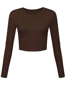 lot 3588 image: Womens Workout Tops Juniors Long Sleeve Base Layer Yoga Shirts Athletic Running Brown Crop Tops Gym Clothes Cute Tops for Teen Girls X-Small