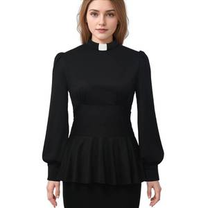 lot 3590 image: ANDHOM Clergy Shirt for Women Church Clerical Shirts Priest Clergy Attire Thickening Line Hem Long Sleeve Blouse Top Black Medium