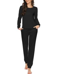 lot 3594 image: Ekouaer Womens Pajama Sets Casual 2Pcs Sleepwear Long Sleeve Pullover Tops Long Joggers Pants with Pockets Black