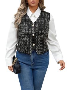 lot 3601 image: WDIRARA Womens Plus Size Plaid Pattern Button Front V Neck Vest Blazer without Blouse Black 1XL