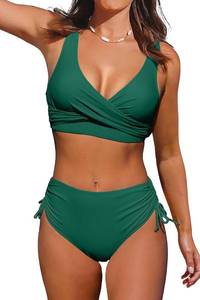lot 3603 image: Beachsissi High Waisted Bikini Twist Front Tie Back 2 Piece Swimsuit Solid Color Large