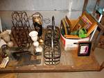 Metal wine caddies, candle holders, vases, box of frames, antique sewing machine. Cart not included.