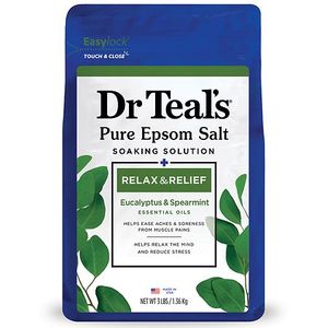 lot 1129 image: Dr Teal s Pure Epsom Salt Soaking Solution Relax & Relief with Eucalyptus Spearmint 3 lb - Retail $133.15