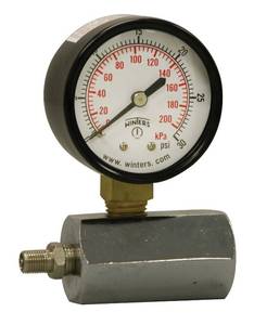 lot 1130 image: Winters PET Series Steel Dual Scale Gas Test Pressure Gauge with Polycarbonate Lens, 0-30 psikpa, 2 Dial Display, -3-2-3% Accuracy, 34 FNPT Connection
