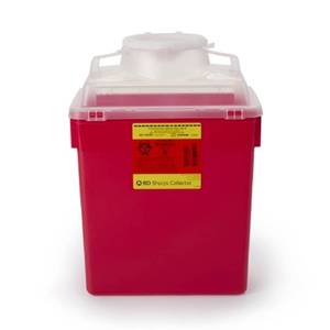lot 1156 image: BD 6 Gal. Multi-Use Nestable Sharps Collector, Red BaseNatural Top, Funnel Entry, 1 Each, BD 305465