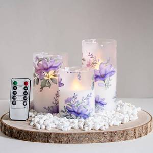 lot 1171 image: Mavandes Flameless Flickering Glass Candles with Remote and Timer,Purple Flowers LED Battery Operated Real Wax Set of 3 Realistic Wick Electric Pillar Candles,Warm Fire(3 x 4, 5, 6 Inches)