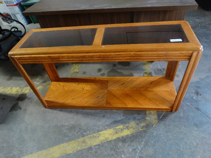 lot 116 image: Oak Sofa Table wsmoked glass inset top.