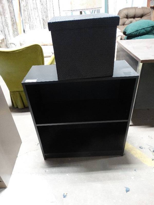 lot 121 image: Black Shelf Unit and Lidded Storage Cube.