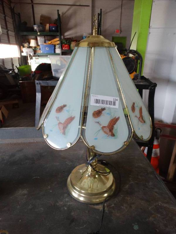lot 124 image: Brass Lamp wGlass Panel Shade.