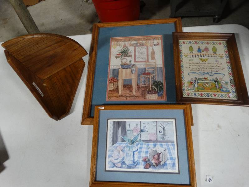 lot 146 image: Wood Shelf & 3 Framed Prints.