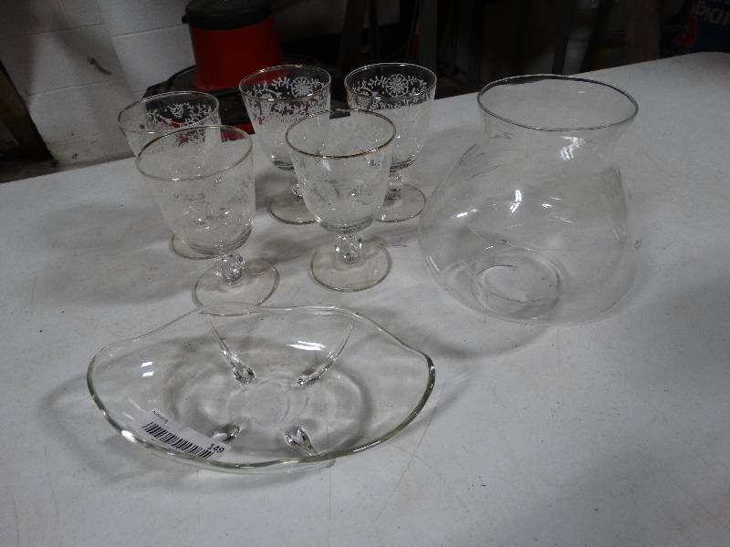 lot 149 image: 5 pcs. Stemware, Candy Dish, Hurricane Globe.