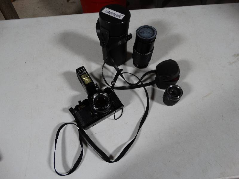 lot 158 image: Chinon Camera wFlash and Vivitar & Simigon Lenses.