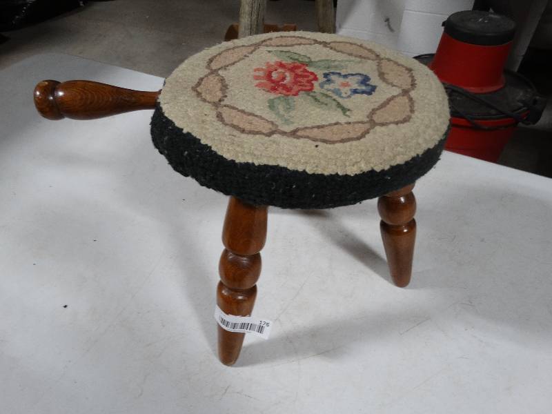 lot 176 image: Wooden Milking Stool Foot Rest wFloral Pad.