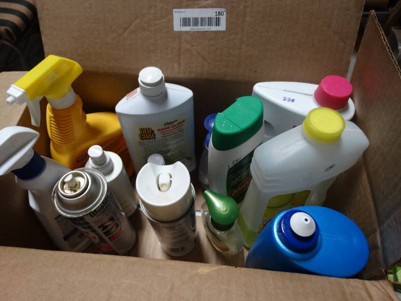 lot 180 image: Box of Home Cleaning Supplies.