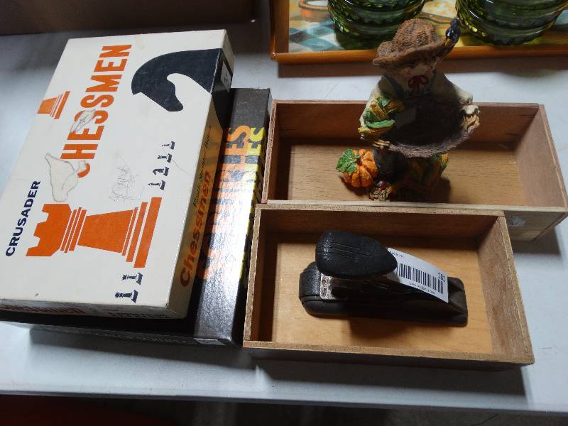 lot 181 image: Games, Wood Boxes, Vintage Stapler, Fall Decor.