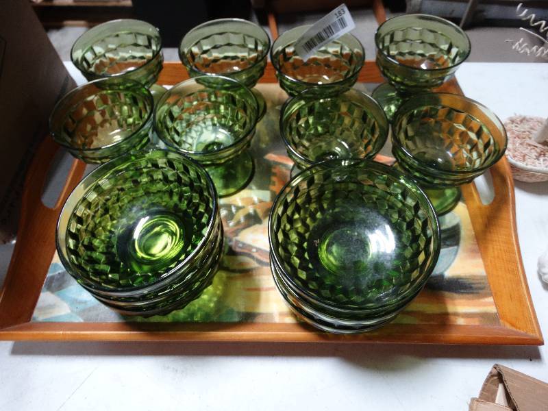 lot 183 image: 14 pc. Set of Green Glass Dessert Dishes & Serving Tray.