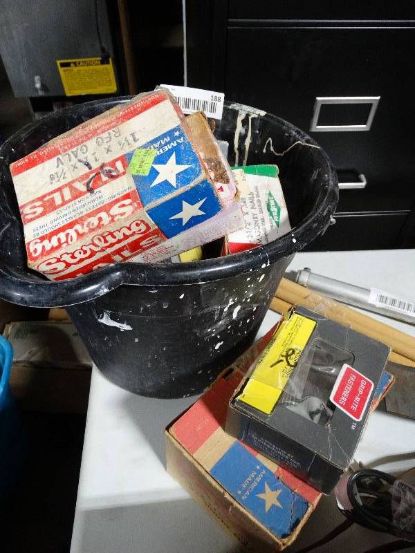 lot 188 image: Black Bucket wLarge Lot of Boxed Nails.