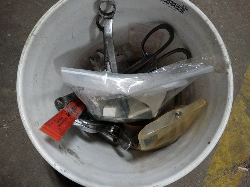 lot 192 image: Bucket of Hand Tools, Attachments, & Repair Parts.