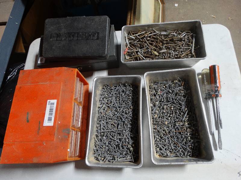 lot 193 image: Lot of Nails & Screws, Parts Bin, Drill Bit Case, & Metal Lock Box.