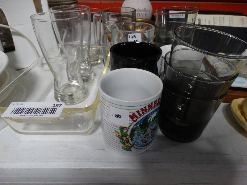 lot 197 image: Various Glasses, Coffee Mugs, & Glass Loaf Pan.