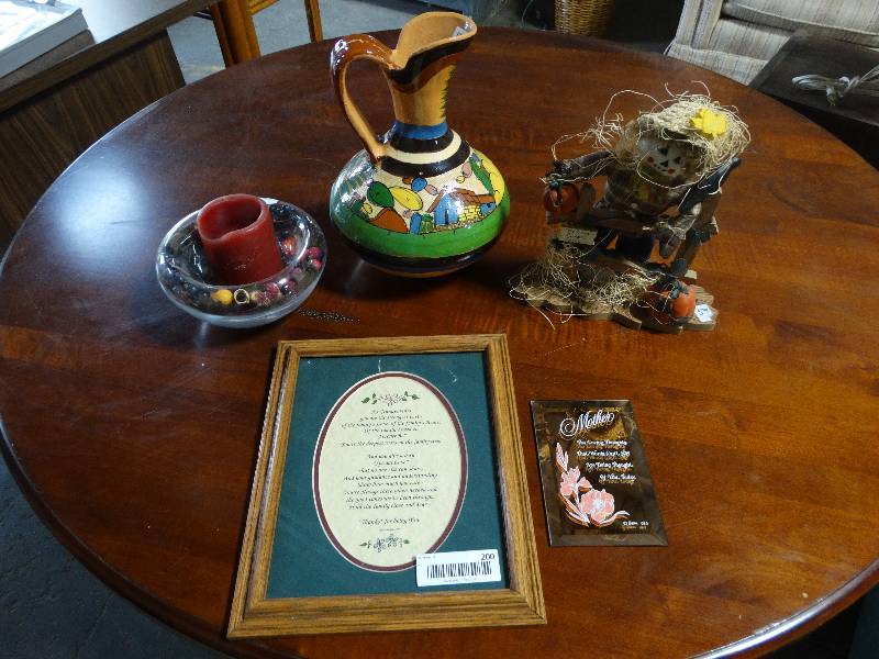 lot 200 image: Framed & Mirror Art, Candle Bowl, Large Painted Pitcher, & Fall Decor.