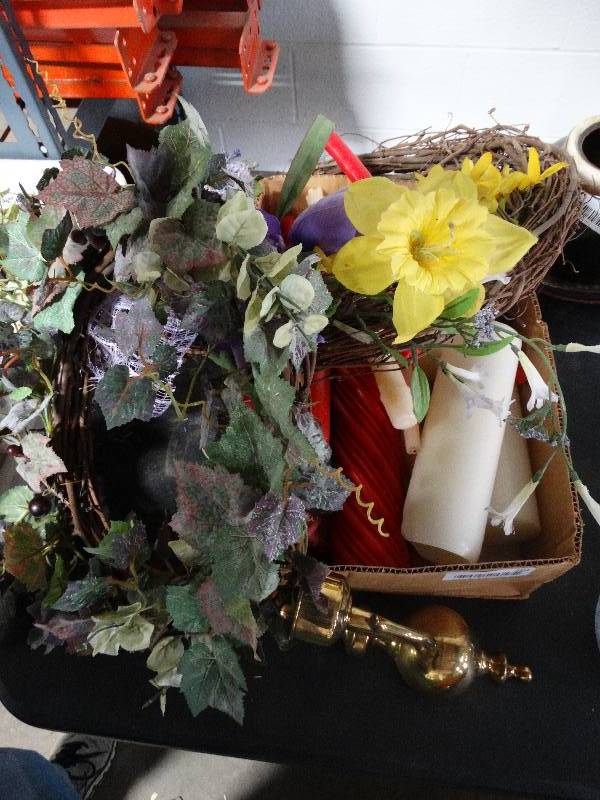 lot 202 image: Box of Candles, 2 Spring Wreaths, Brass Candle Sconce.
