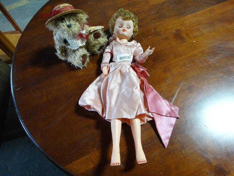 lot 207 image: Vintage Doll wPink Satin Dress & Brass Button Plush Collectible Bear.