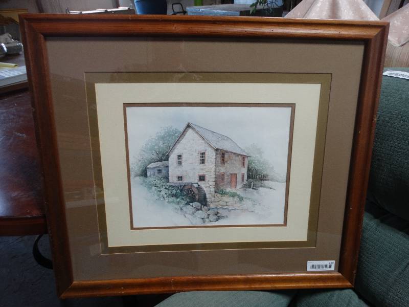 lot 210 image: Quadruple Matted Old Mill Print in Wood Frame.