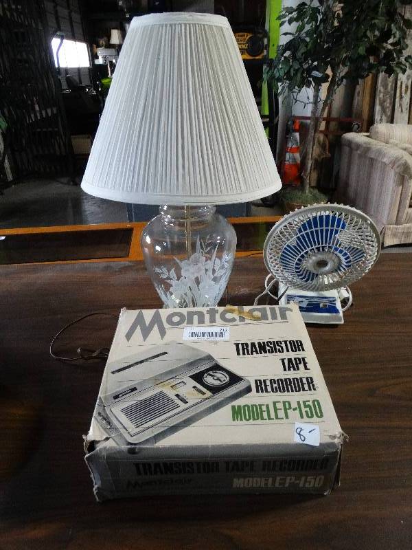 lot 212 image: Glass Lamp, Small Fan, Vintage Tape Recorder.