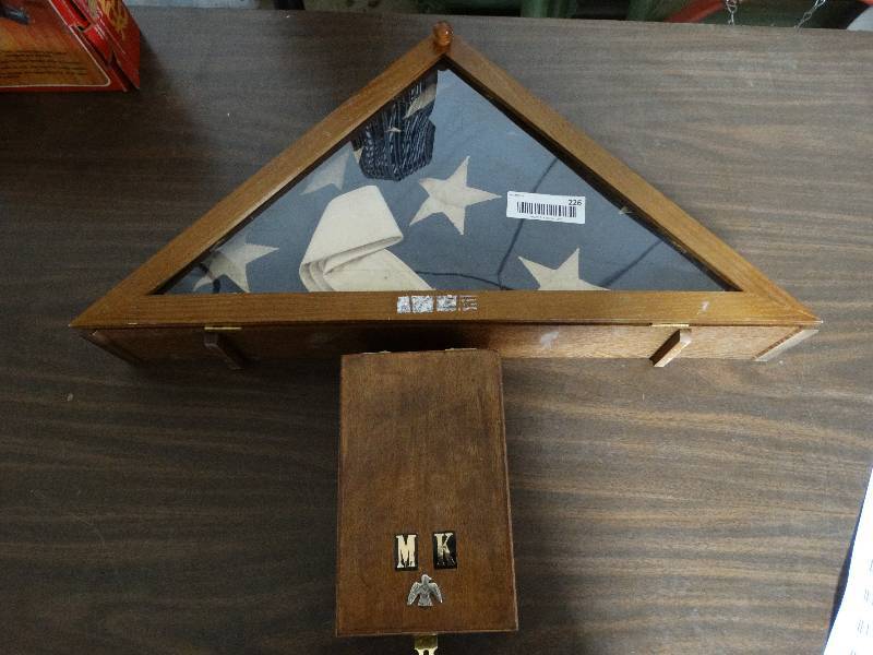 lot 226 image: U.S. Flag in Presentation Box, Wood Lock Box.