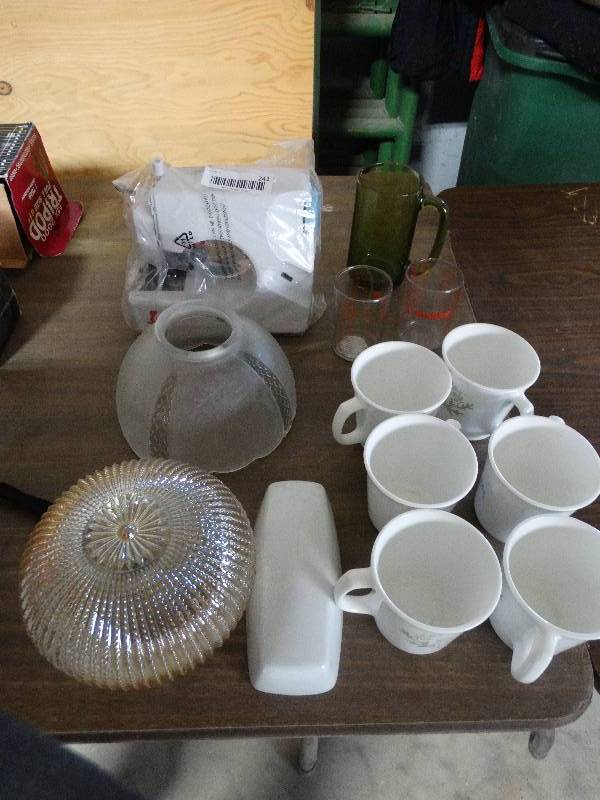 lot 241 image: LockStitch Mini Sewing Machine & Lot of Glassware and Coffee Mugs.