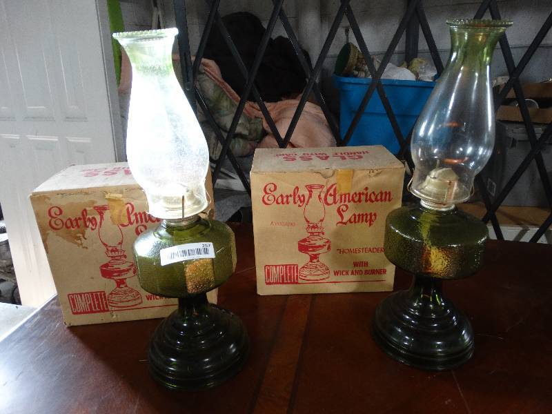 lot 257 image: 2 Vintage Early American Oil Lamps in Original Boxes.