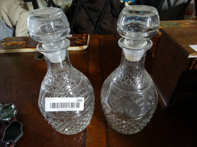 lot 260 image: 2 Glass Decanters & Carved Wood Trinket Box.